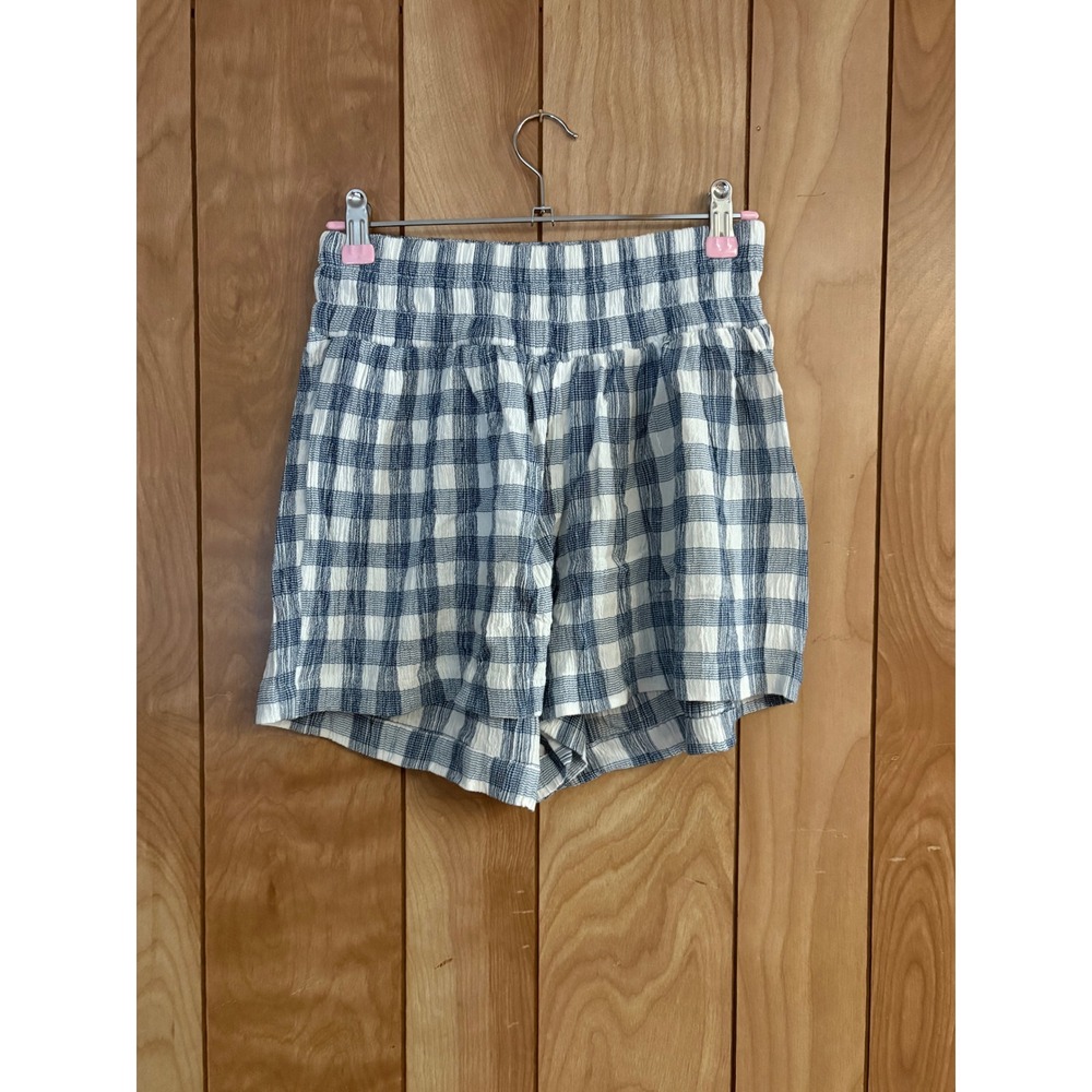 Hatch Blue White Gingham Smocked Waist Shorts Women Size 1 Maternity Friendly